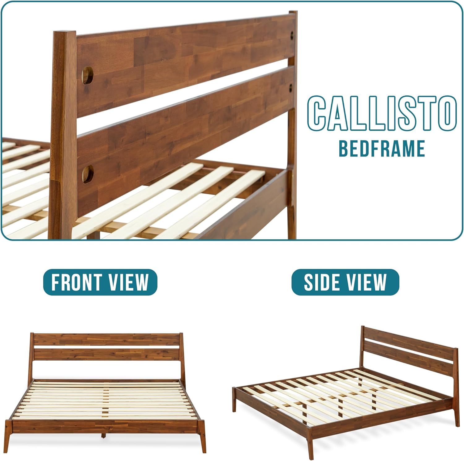 Acacia Callisto King Bed Frame with Headboard Solid Wood Platform Bed, 800 lbs Capacity Bed Frame, Contemporary Signature Wood Bed Compatible with All Mattress Types, Walnut Finish
