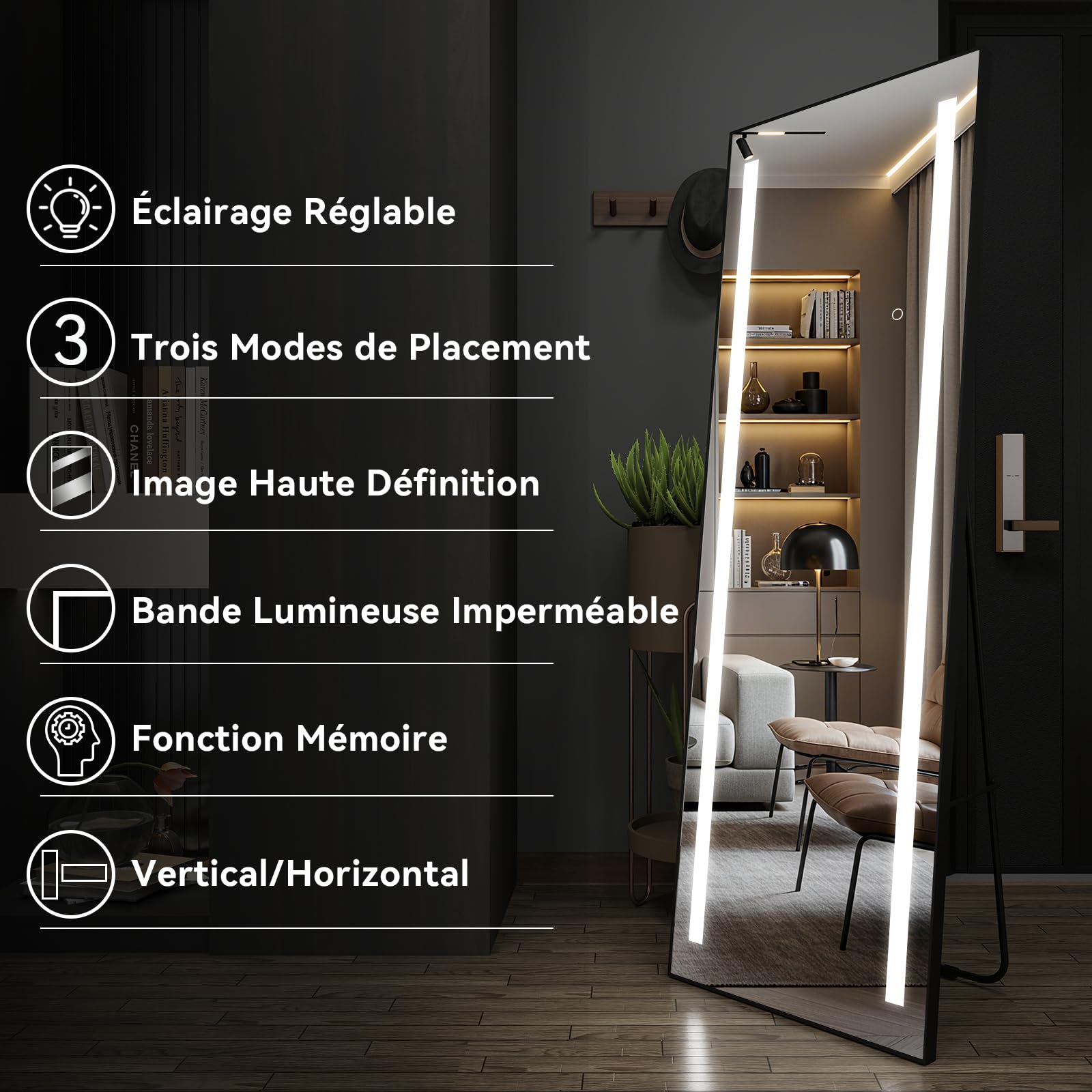 Grand Miroir sur Pied LED 150x50cm, Miroir Plein Pied Mural, 3 Couleurs Dimmable, Cadre Aluminium, Rectangulaire Noir