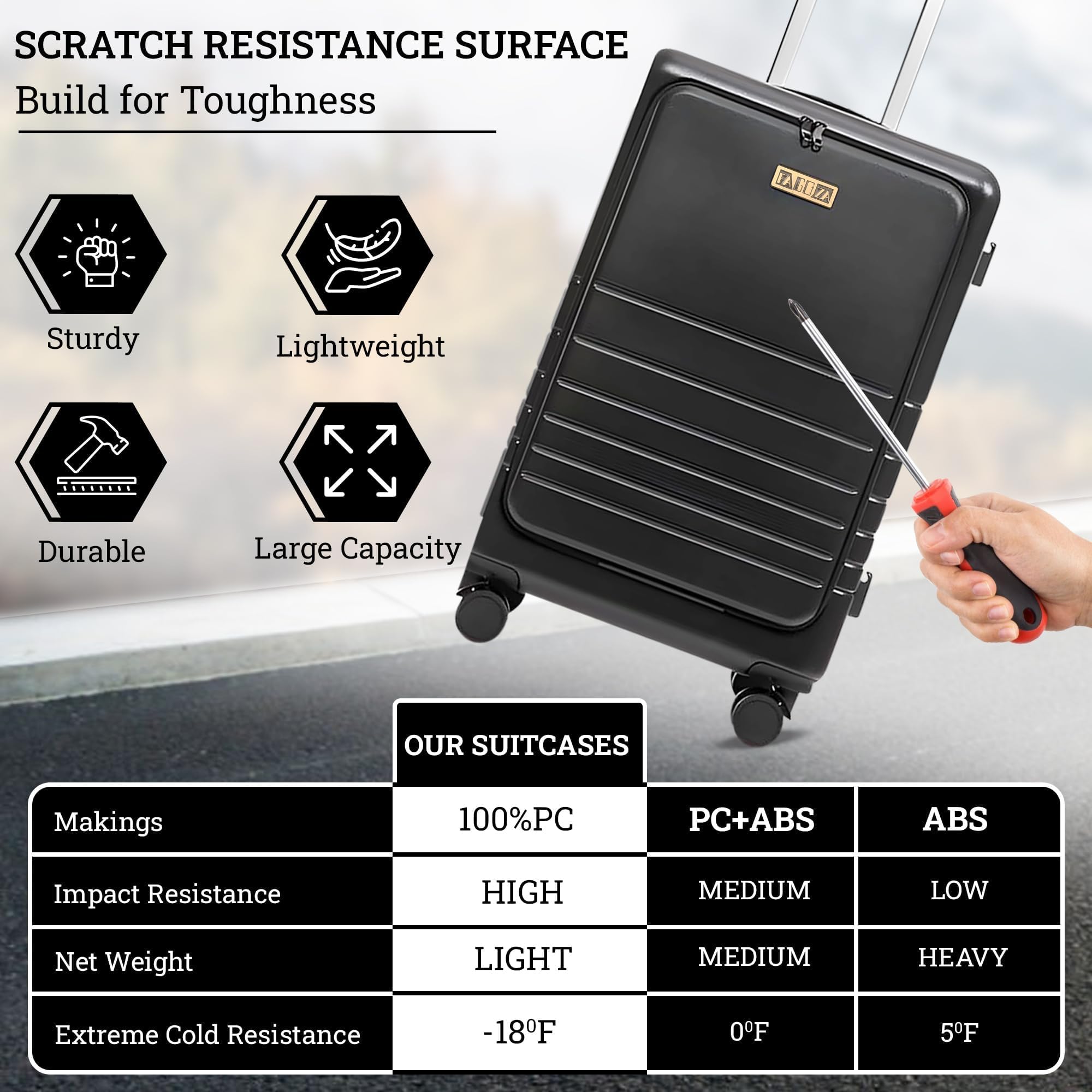 Fagoza Hardside - Equipaje de mano aprobado por aerolíneas de 22 x 14 x 9 pulgadas con bolsillo frontal, puerto de carga USB y portavasos, Negro, 22x14x9, Equipaje de mano abierto frontal rígido PC