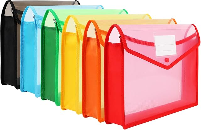 A4 Plastic Wallets, 6 PCS Popper Wallet Plastic Folders Document Files Folders Envelope Pockets Large Capacity with Button Closure,Waterproof Transparent File Folders for School Office Home