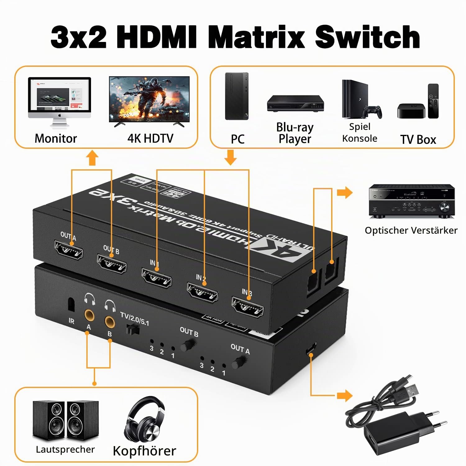 Tendak HDMI Matrix 3x2, 4K@60Hz HDMI Switch Matrix 3 In 2 Out Umschalter + Optisch Spdif & 3,5mm Stereo Audio Extractor Splitter Unterstützt HDCP 2.2 HDR 3D mit IR-Fernbedienung