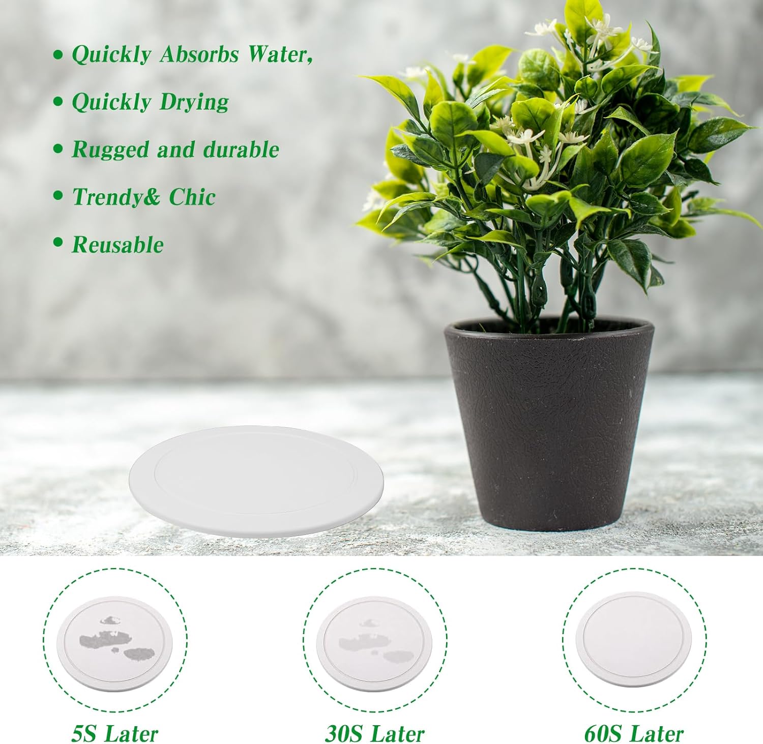 Diatomaceous Earth Plant Saucer, 12 Inch Instant Dry Indoor Plant Trays, 2 Pack White with Non-Slip Pads, Multifunctional Drainage Collector - Image 3