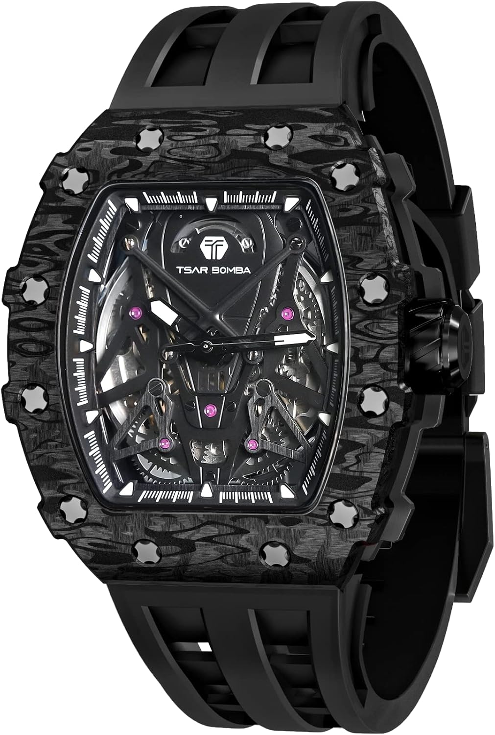 TSAR BOMBA Men's Mechanical Watch Luxury Skeleton Analogue Watches for Men 50M Waterproof Tonneau Work Mens Wrist Watch Original Design Square Big Face Cool Wristwatch Silicone Strap