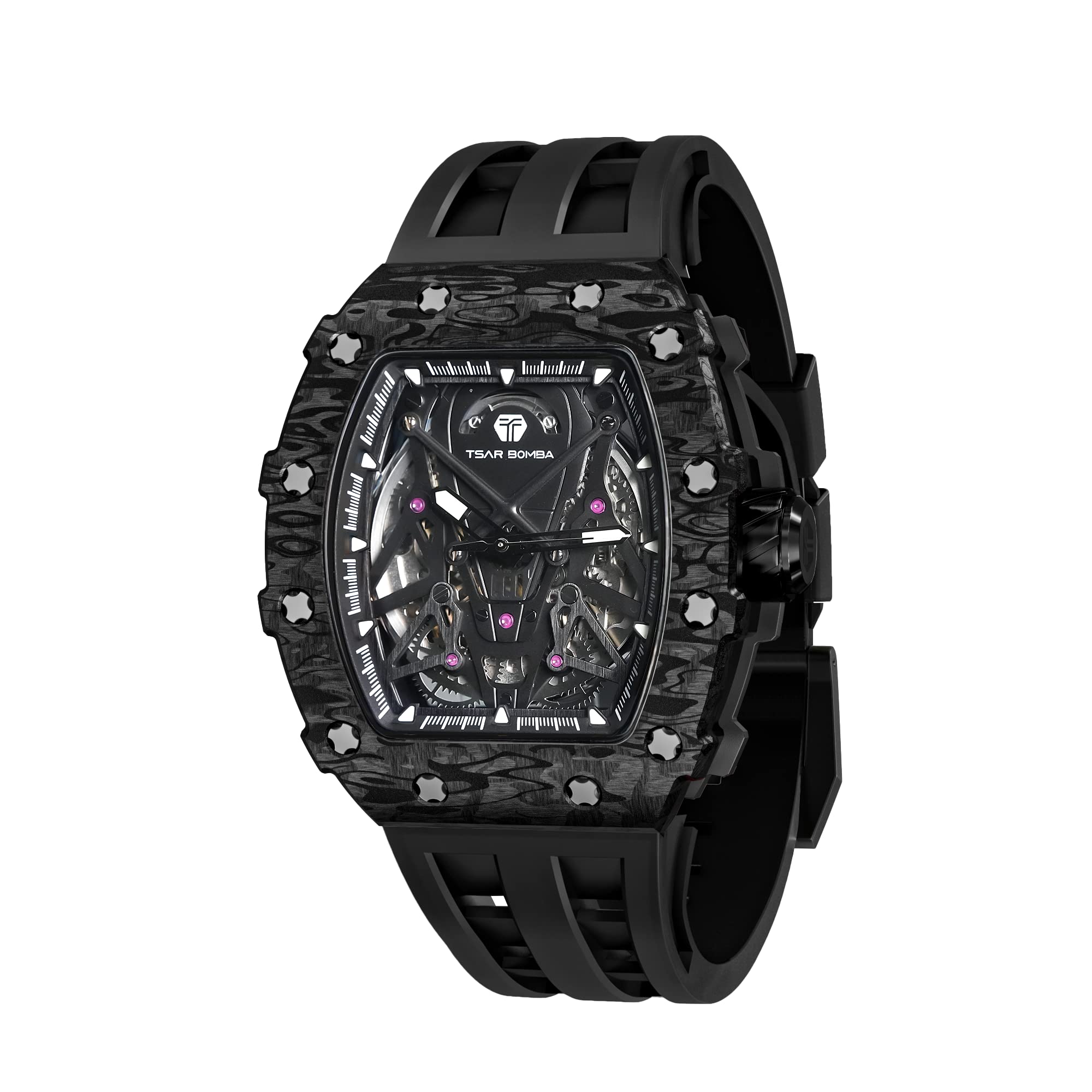 TSAR BOMBA Mens Mechanical Watch Luxury Skeleton Analogue Watches for Men 50M Waterproof Tonneau Work Mens Wrist Watch Original Design Square Big Face Cool Wristwatch Silicone Strap, 8207-BlackCF, (B0BPH863J6) Amazon Price History, Amazon Price Tracker