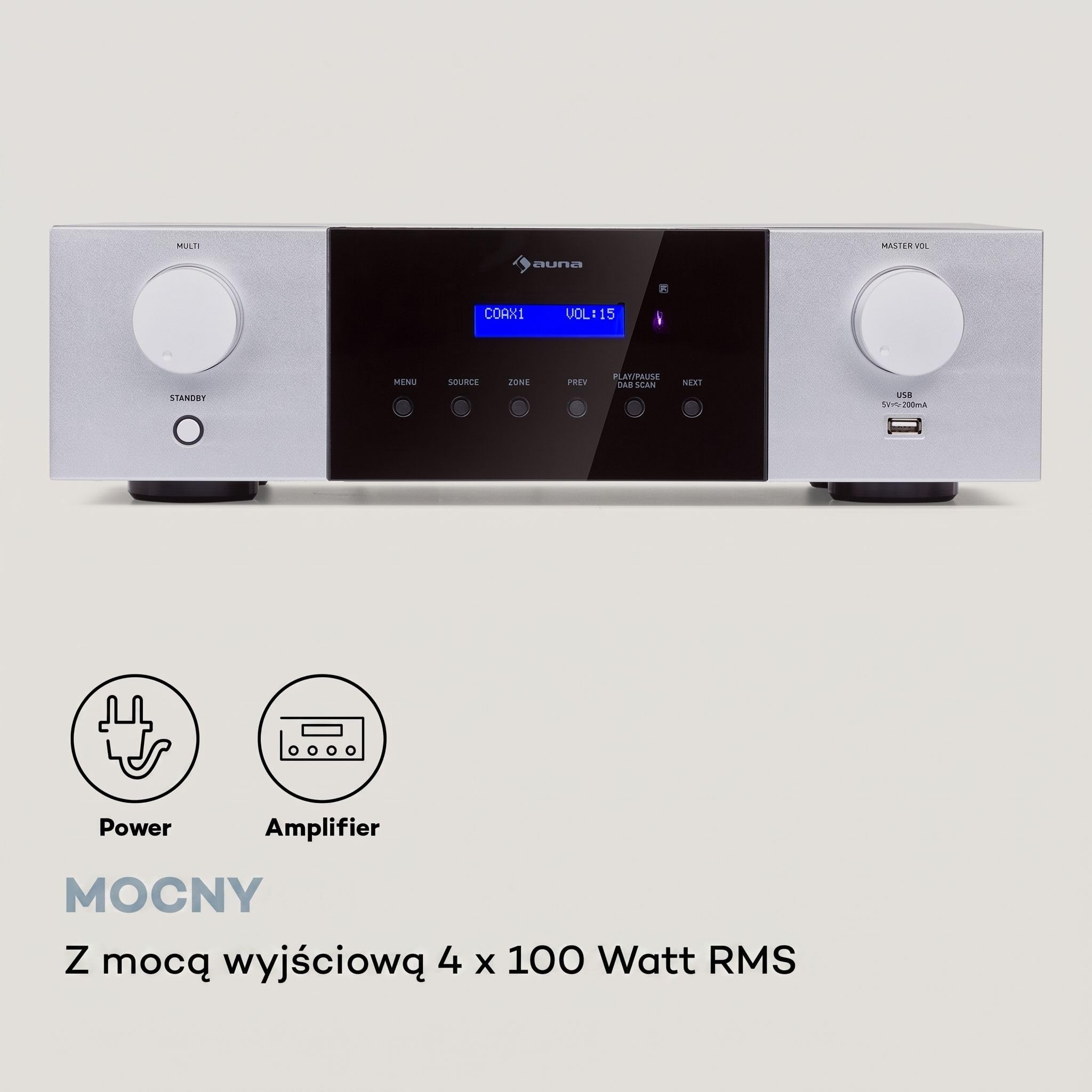 Auna AMP-4000 - Amplificatore stereo HiFi, radio DAB+, telecomando USB, con display LED, nero-bianco