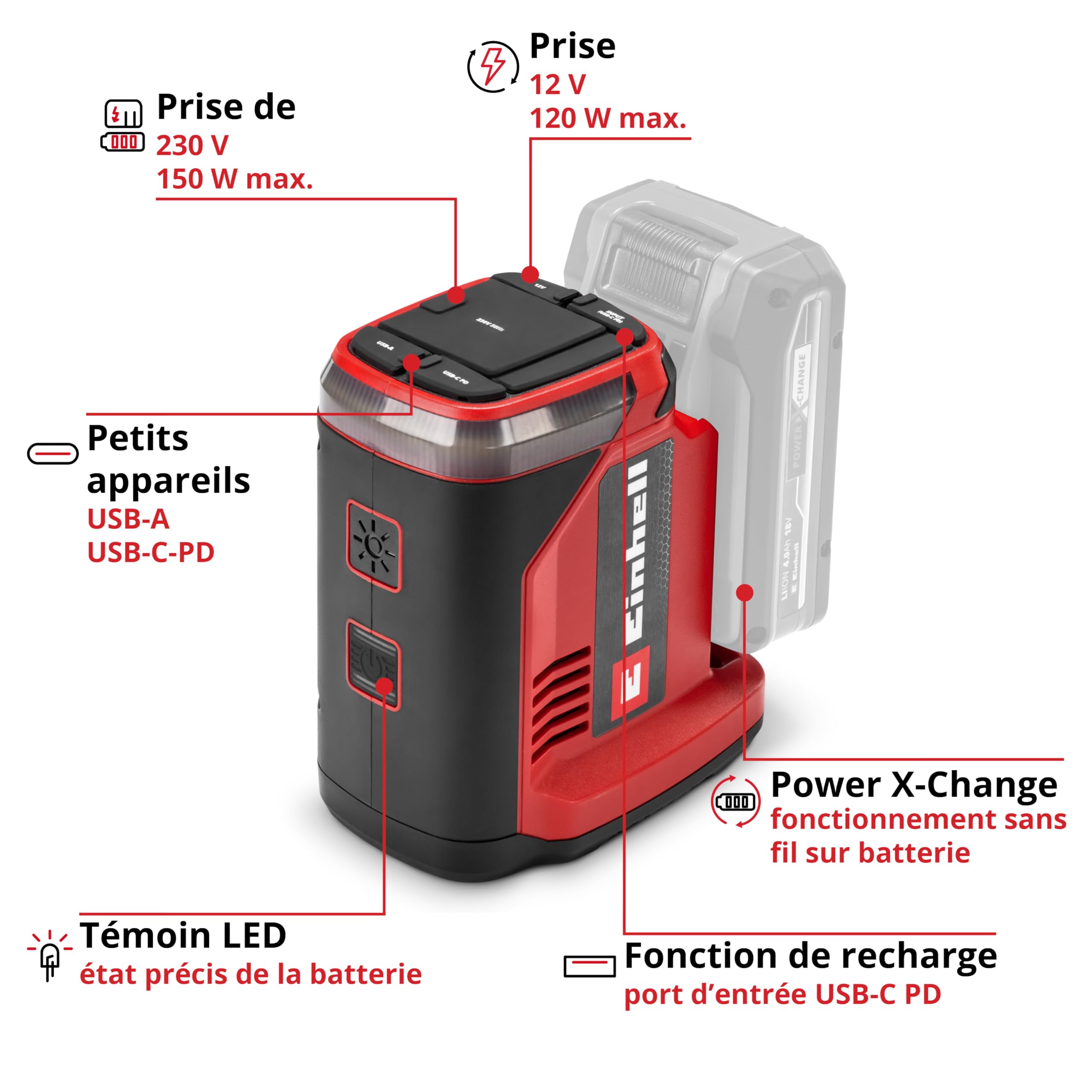 Einhell Station d’énergie Portable Te-ES 18/150/1 Li-C-Solo Power X-Change (18 V, onduleur, Prises 230 V et 12 V, Ports USB-A et USB-C PD, Fonction de Recharge, sans Batterie)
