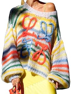 Women's Rainbow Striped Fluffy Sweater Pullover Oversized Long Sleeve Fa...