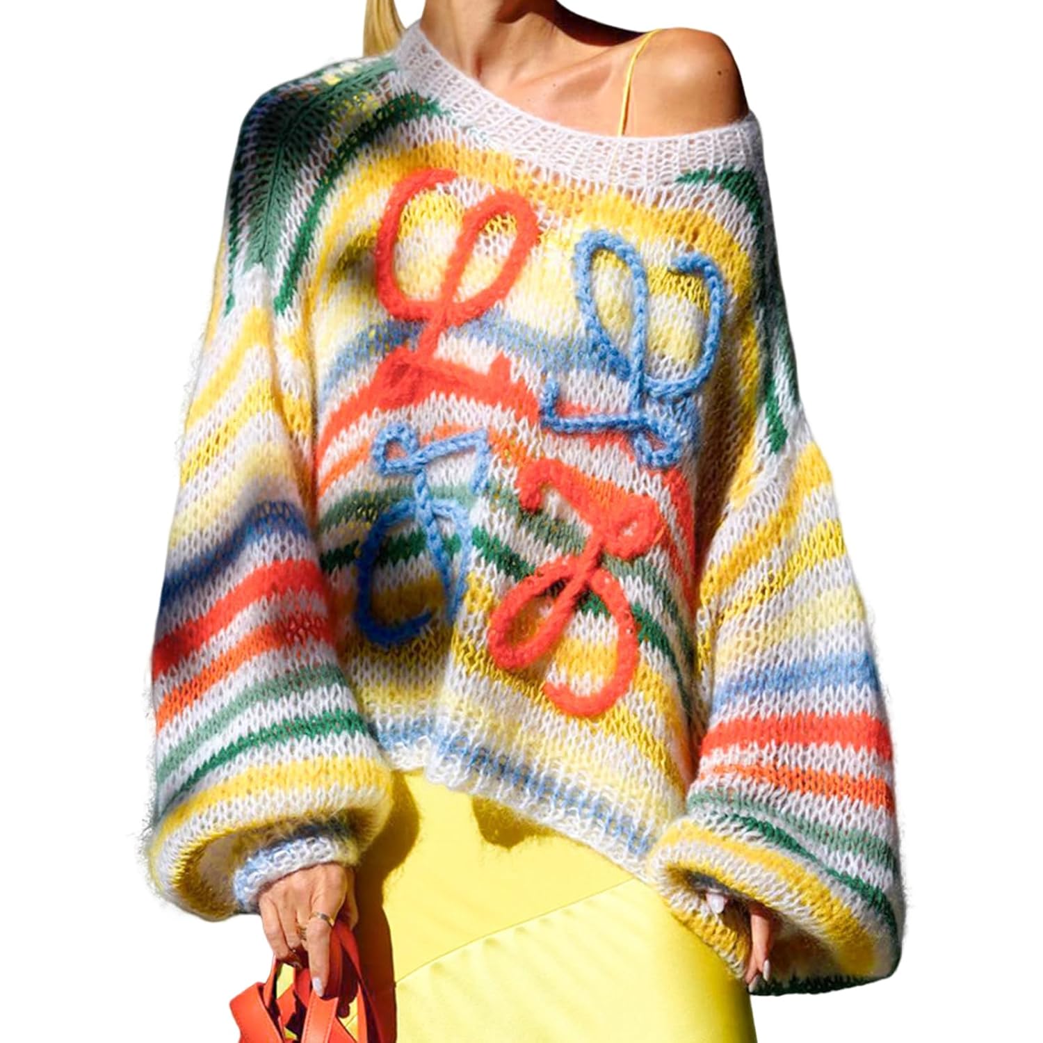 Womens Rainbow Striped Fluffy Sweater Pullover Oversized Long Sleeve Fall Casual Loose Chunky Knit Jumpers Tops
