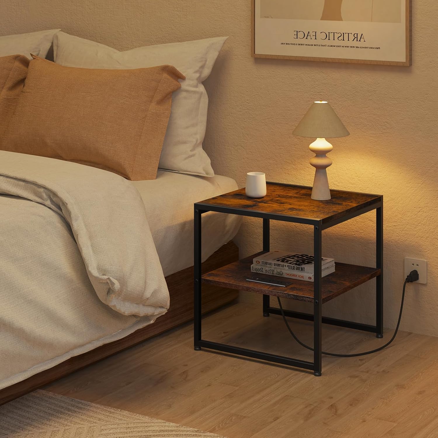 Tatub 20IN End Table with Charging Station, Rustic Brown Square Side Table with USB Ports & Outlets, Versatile Mini Fridge Table Printer Stand Nightstand for Bedroom Living Room