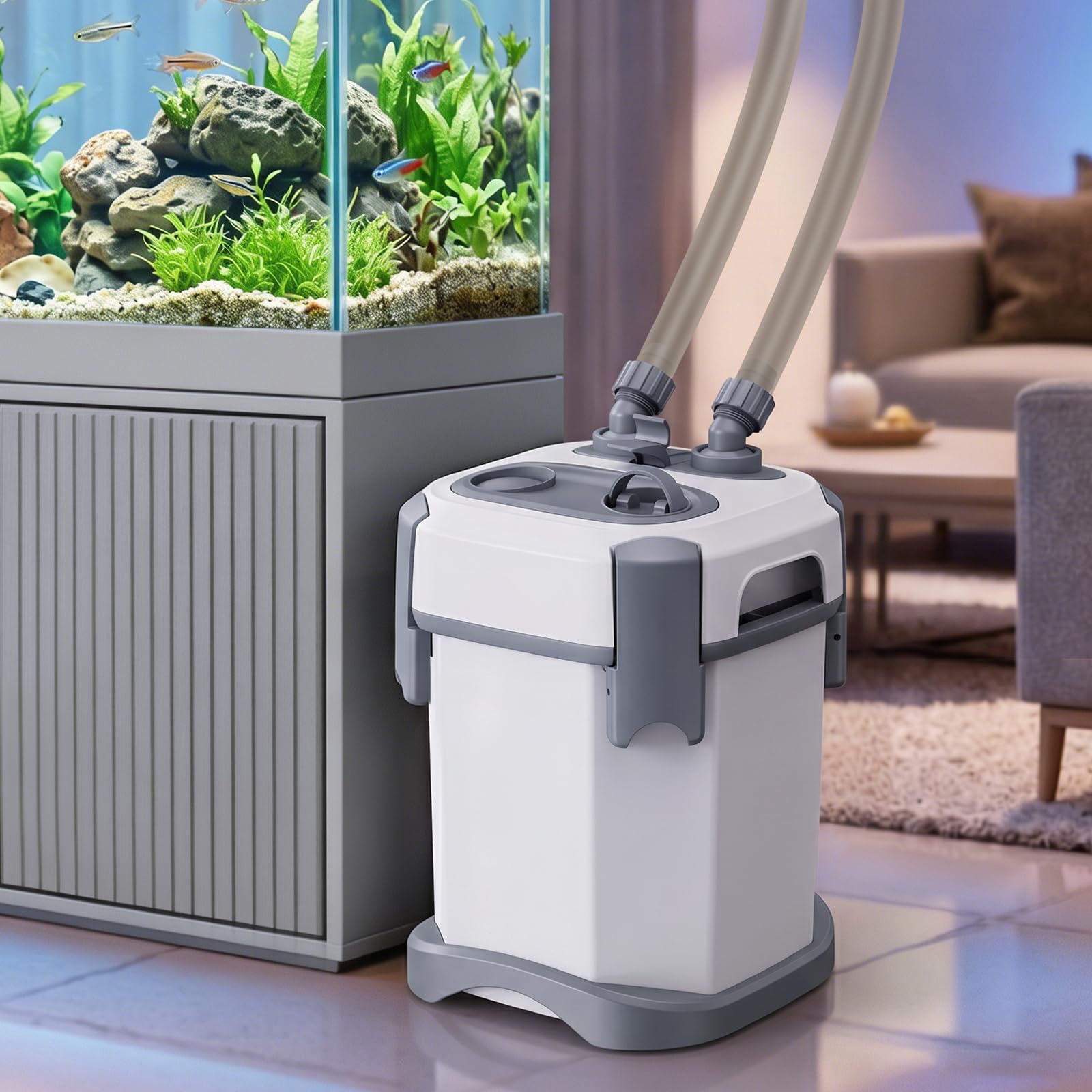 fishkeeper 1400L/H Leise Aquarium Außenfilter mit Einstellbare Durchfluss | Mehrstufiges Starke Aquarium Filter Pumpe, Filterset inkl. Filterwatte & Aktivkohle & Bio-Bäll, Aussenfilter für Süß- & Meer-