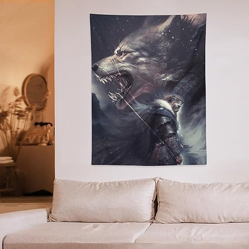 Miniatura 6 de Tapiz de mitología nórdica griega de dioses, tapiz de pared Fenrir Dios Tyr para habitación, pintura estética, tapices de dormitorio, sala de estar,