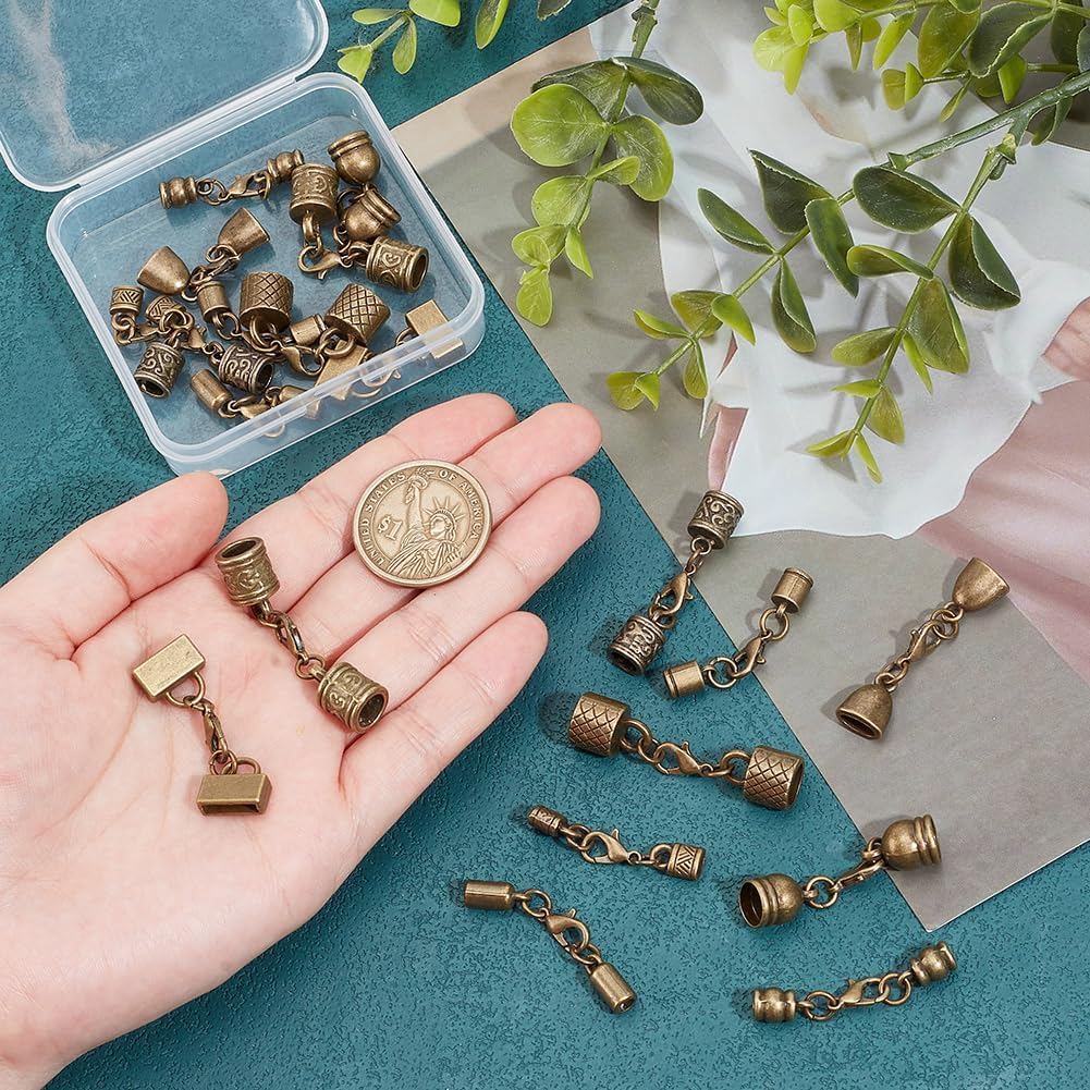 PH PandaHall 10 Styles Tibetan End Caps, 20 Sets Leather Cord End Caps Alloy Tube Barrel End Tip with Lobster Clasp Rope End Caps with Ring Connector for Necklaces Bracelet Jewelry Making - Image 3