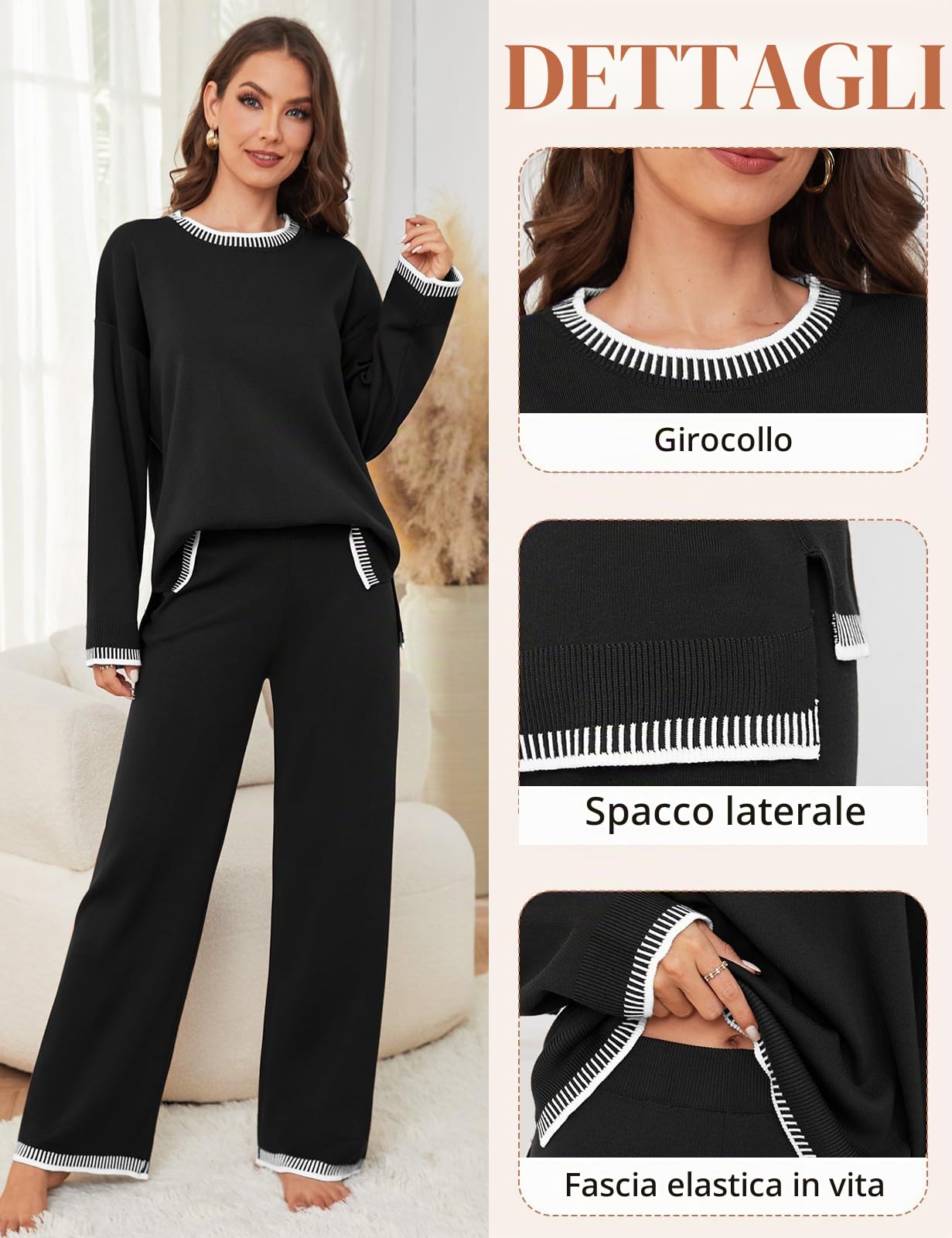 TOMEEK Completo Tuta Donna Elegante Sportiva 2 Pezzi in Maglia Set di Pantaloni Maniche Lunghe Girocollo Larga e Maglione Casual Pullover Top Tuta da Casa Jogging