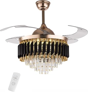 42-inch Ceiling Fan with Light Black Crystal Fandelier, 6-Speed, 3-Color Dimmable, Remote Control, Retractable Blades, Wide Voltage, Modern Indoor Fan Light for Bedroom Living Room