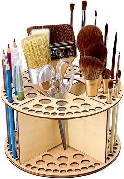 Wooden Paint Brush Holder 76 Holes and 4 Compartments Round Paintbrush Holder Organizer with Silicone Rings Wood Artist Paint Brush Stand Rack for Pens Pencils Art Tools