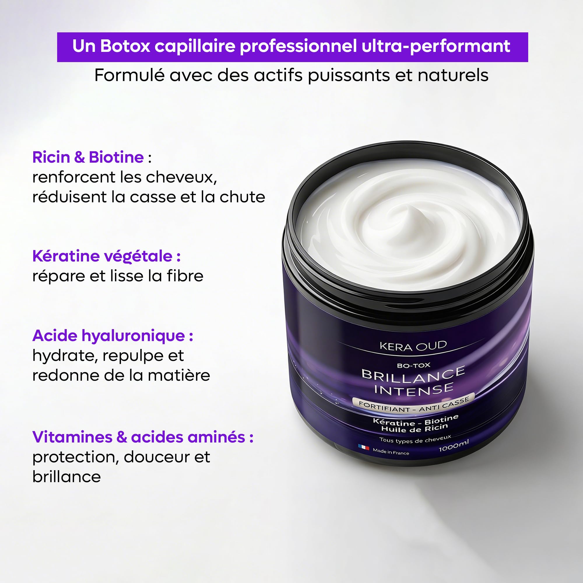 BO-TX-Masque Capillaire Professionnel sans Formol I Biotine, Huile de Ricin & Kératine I Réparation Intense, Anti-Chute & Brillance – Tous Types de Cheveux – 1000 ml – Made in France