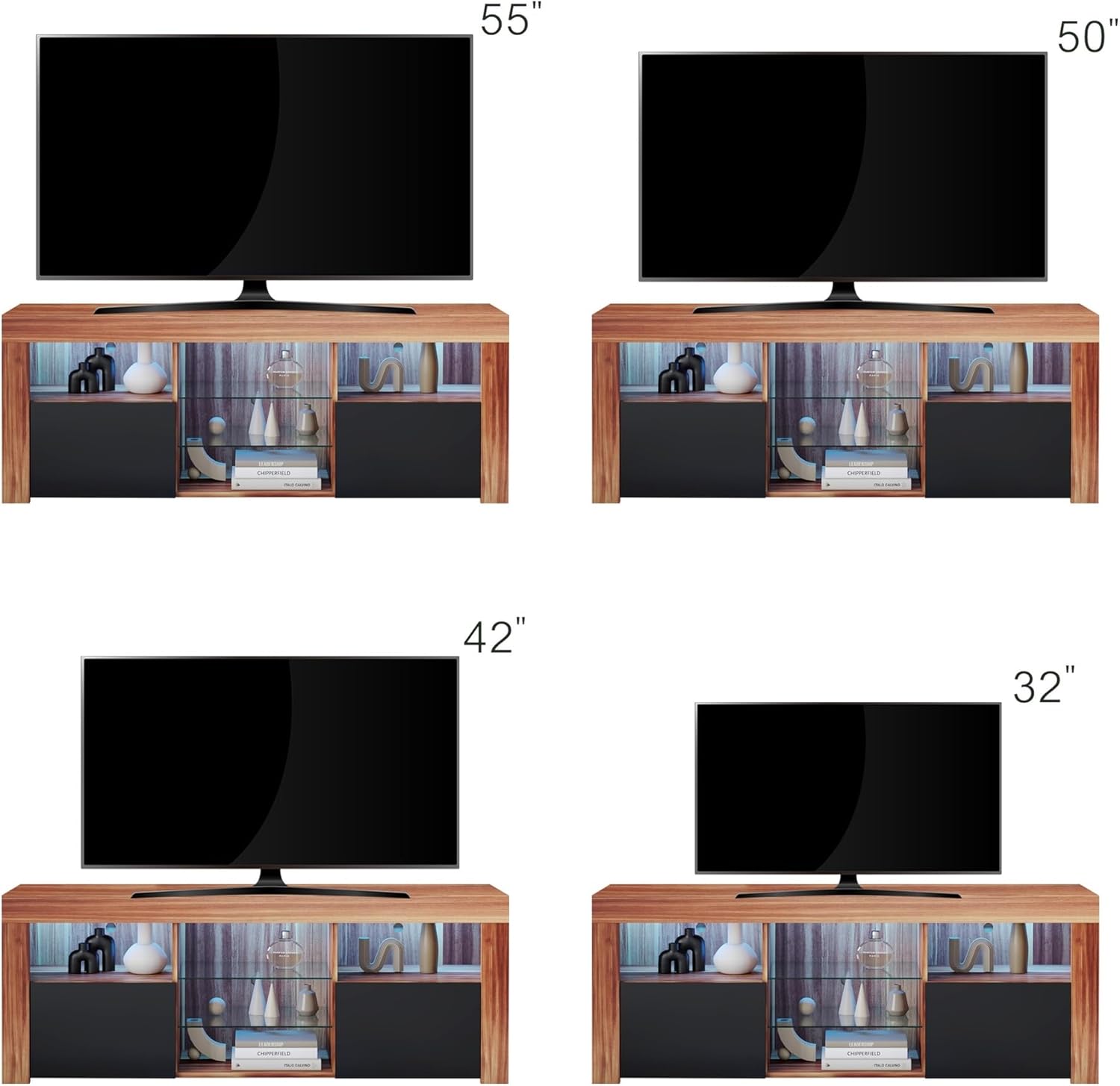 Diagram showing various TV sizes (55, 50, 42, 32 inches) placed on the TV stand to illustrate compatibility.