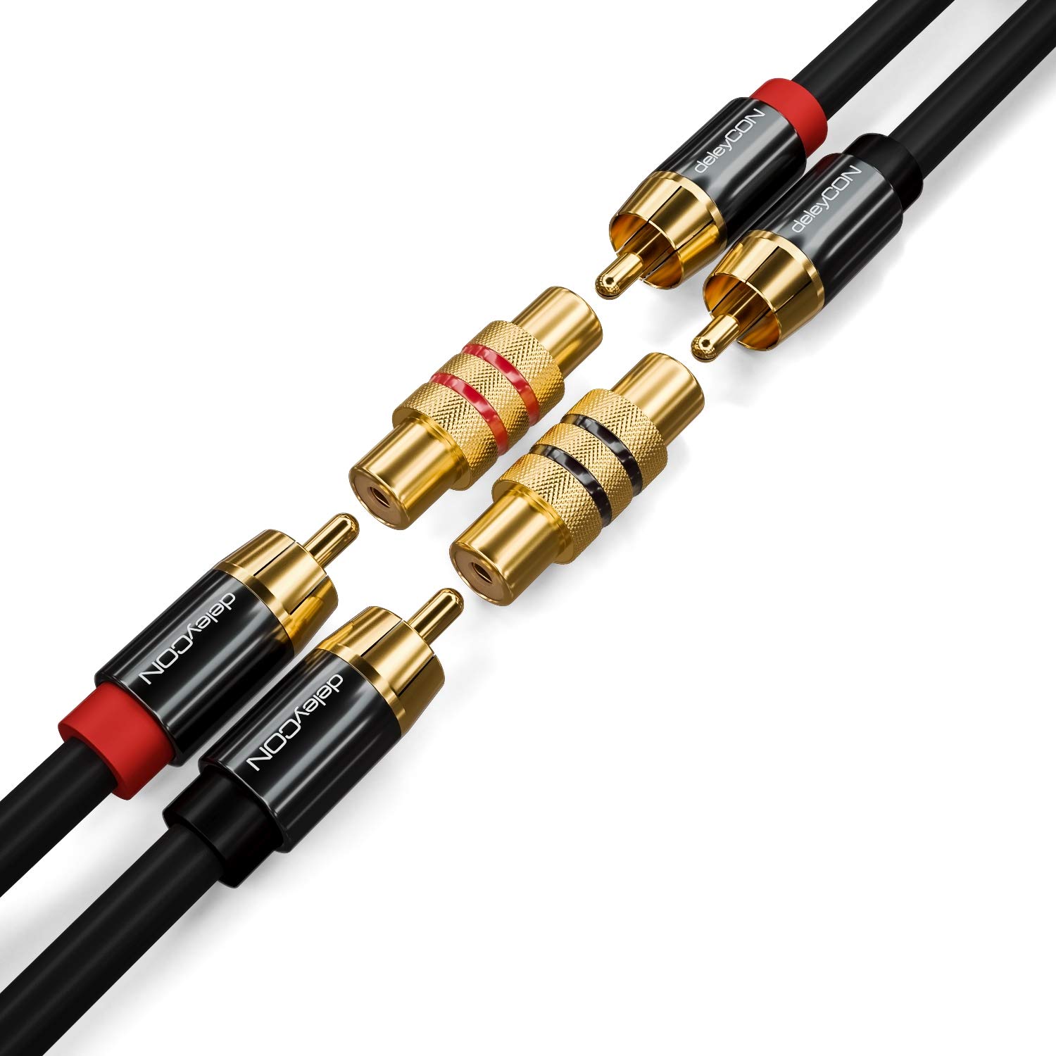 deleyCON Lot de 2 Adaptateurs RCA Cinch Femelle à Femelle Audio Vidéo Noir Rouge