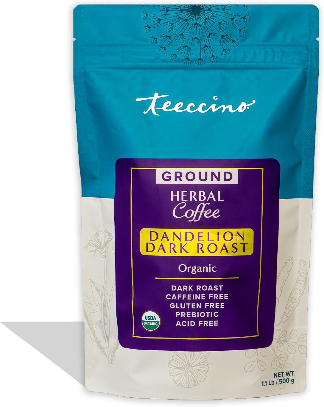 Teeccino Dandelion Dark Roast Herbal Coffee, 1.1 Pound - Caffeine-Free Coffee Alternative with Prebiotics, Gluten Free, Acid Free, Organic