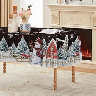 Horaldaily Christmas Tablecloth 60×84 Inch Oval, Winter Snowman House Christmas Trees Black Washable Table Cover for Party Picnic Dinner Decor