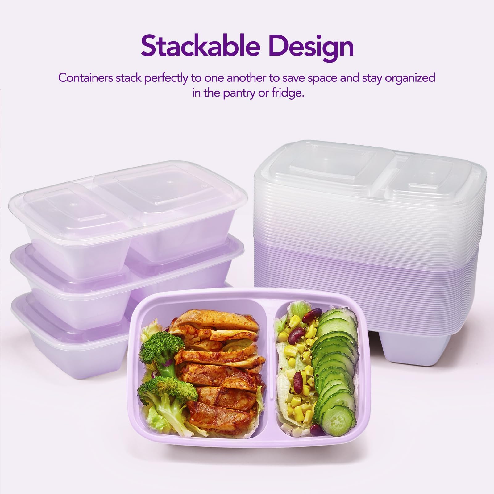 Glotoch - Paquete de 50 recipientes reutilizables para preparación de comidas, 2 compartimentos, contenedores desechables de plástico con tapas para microondas, lavavajillas y congelador de 32 onzas