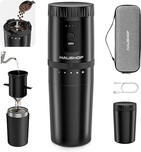 HAUSHOF Portable Coffee Grinder, Camping Coffee Makers, Portable Burr Coffee Grinder and Brewing Kit, Rechargeable, Personal Cordless Coffee Maker for Car, Camping, for Home Use