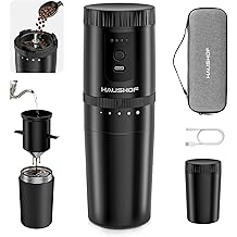 HAUSHOF Portable Coffee Grinder, Camping Coffee Makers, Portable Burr Coffee Grinder and Brewing Kit, Rechargeable, Personal Cordless Coffee Maker for Car, Camping, for Home Use