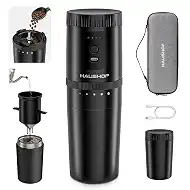 HAUSHOF Portable Coffee Grinder, Camping Coffee Makers, Portable Burr Coffee Grinder and Brewing Kit, Rechargeable, Personal Cordless Coffee Maker for Car, Camping, for Home Use