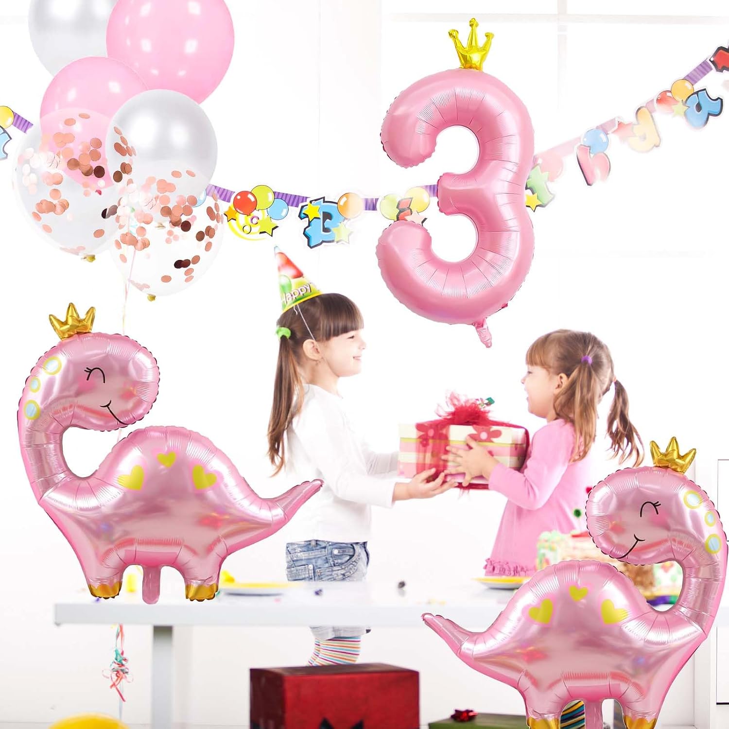Pink Dinosaur Balloons, 40 Inches Number 3 Balloon, Crown Dinosaur Birthday Decorations, 3rd Birthday Decorations for Girls (Pink 3) image 3