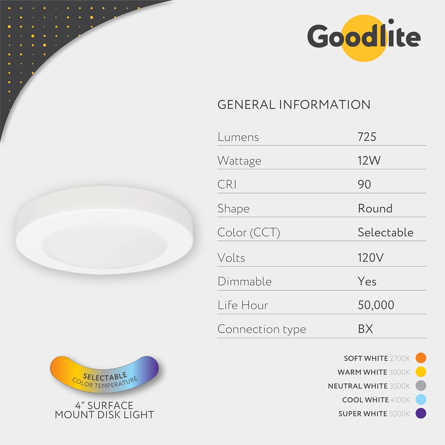 Goodlite 4" Round LED Surface Mount Disk Downlight, 12W, 725 Lumens, Dimmable, 5 Selectable Color Temperature 2700k-3000k-3500k-4100k-5000k, CRI 90, Wet & ETL Rated, Energy Efficient, 1 ct. (G-19931)
