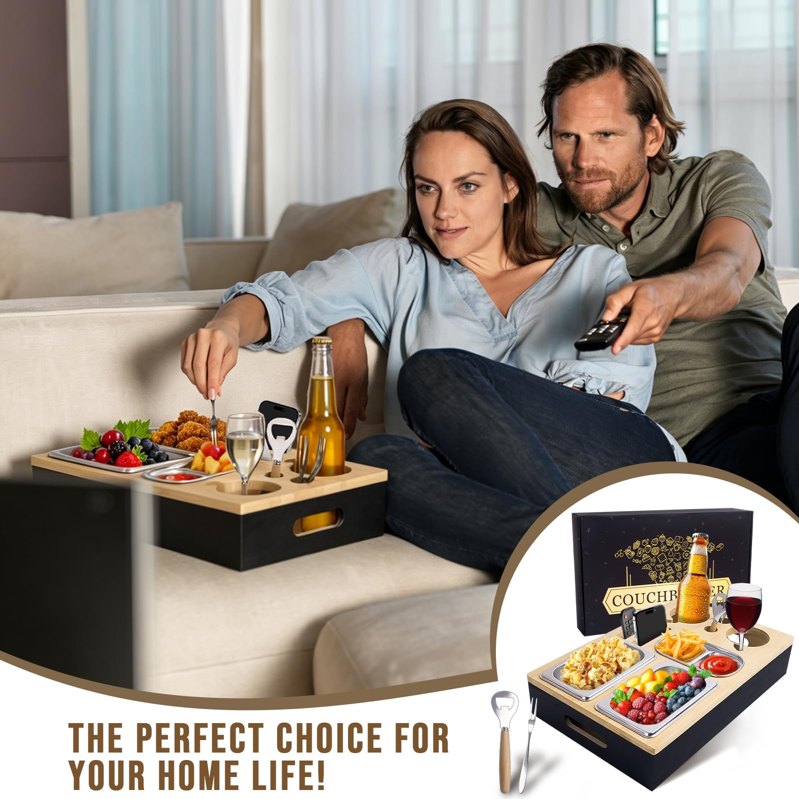 Canapé Bar avec Boîte Cadeau, Plateau de Canapé avec Boîte à Goûter, Fourchette à Fruits et Ouvre-Bouteille, Plateau de Service à Vin, Boîte à Collations Couchbar pour Le Salon, la Fête