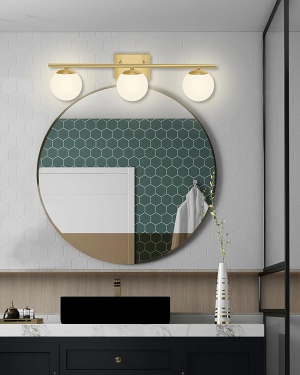 YHTlaeh Brushed Brass Bathroom Vanity Light fixtures,24‘’ 3 Lights Modern Globe Glass Shade Wall Sconce for Over Mirror, Damp Rated by YHTlaeh - Image 7