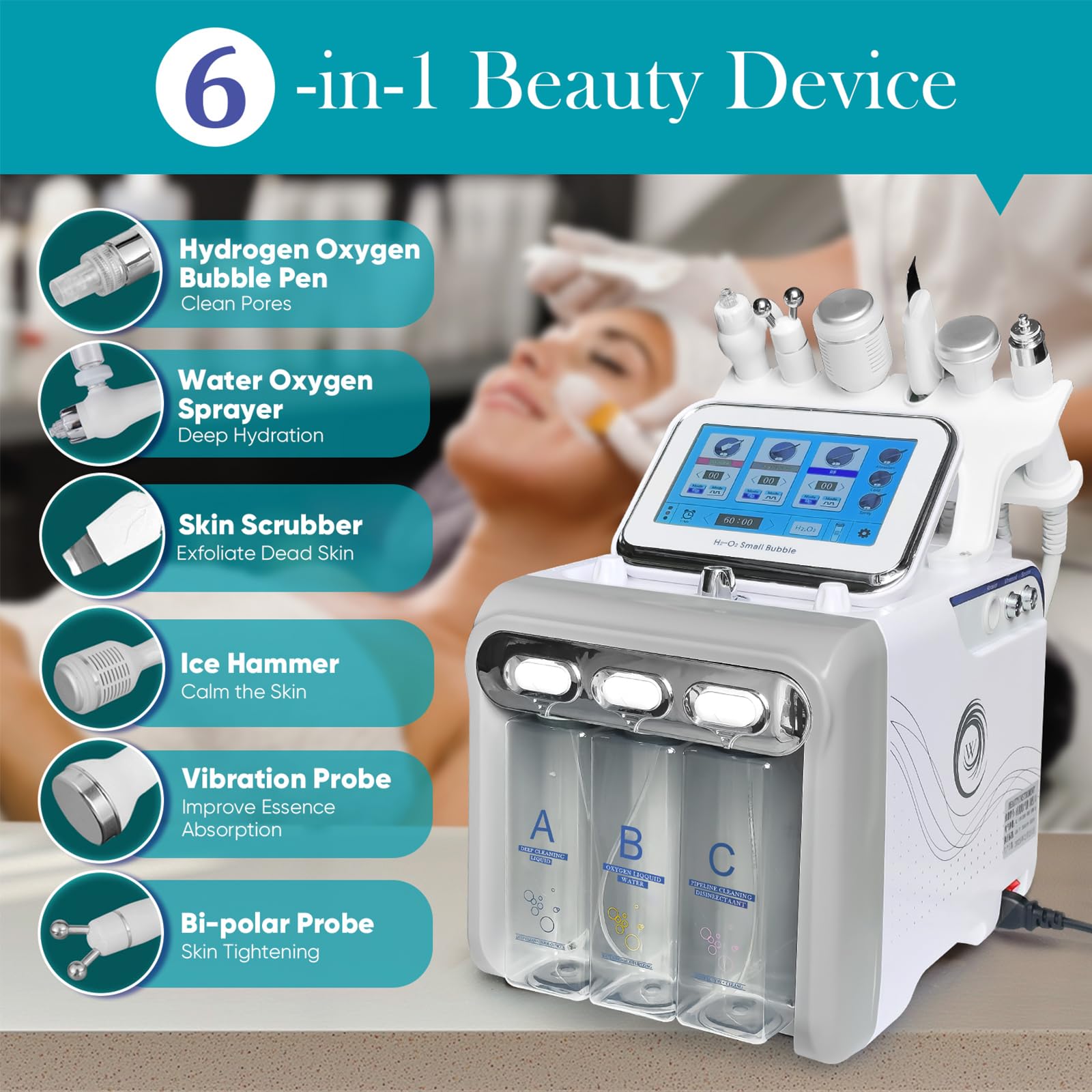 6 in 1 Macchina per la bellezza con acqua Macchina facciale di ossigeno e idrogeno professionale, macchina spa e display a LEDper uso domestico, salone e spa