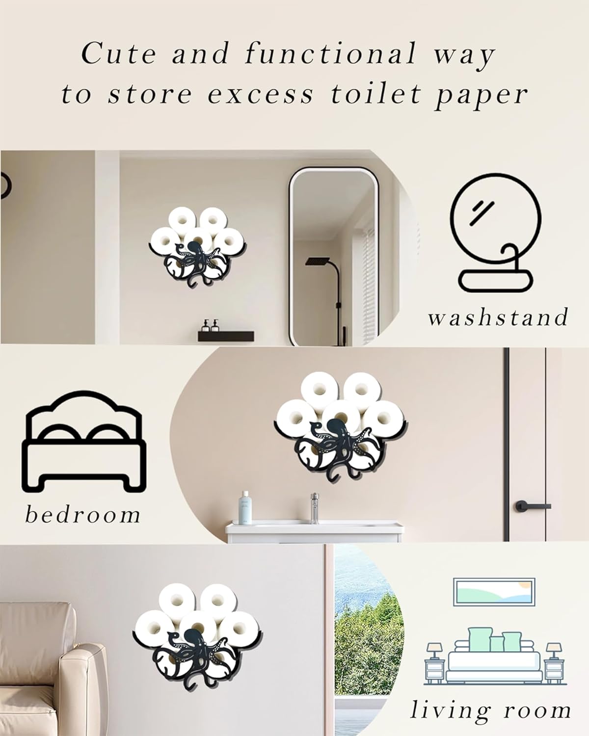 Funny Octopus Toilet Paper Holder,Black Metal Toilet Paper Storage,Space-Saving Toilet Paper Holder Wall Mount, Octopus Bathroom Decor,Perfect Bathroom Accessory for Neatness and Easy Access
