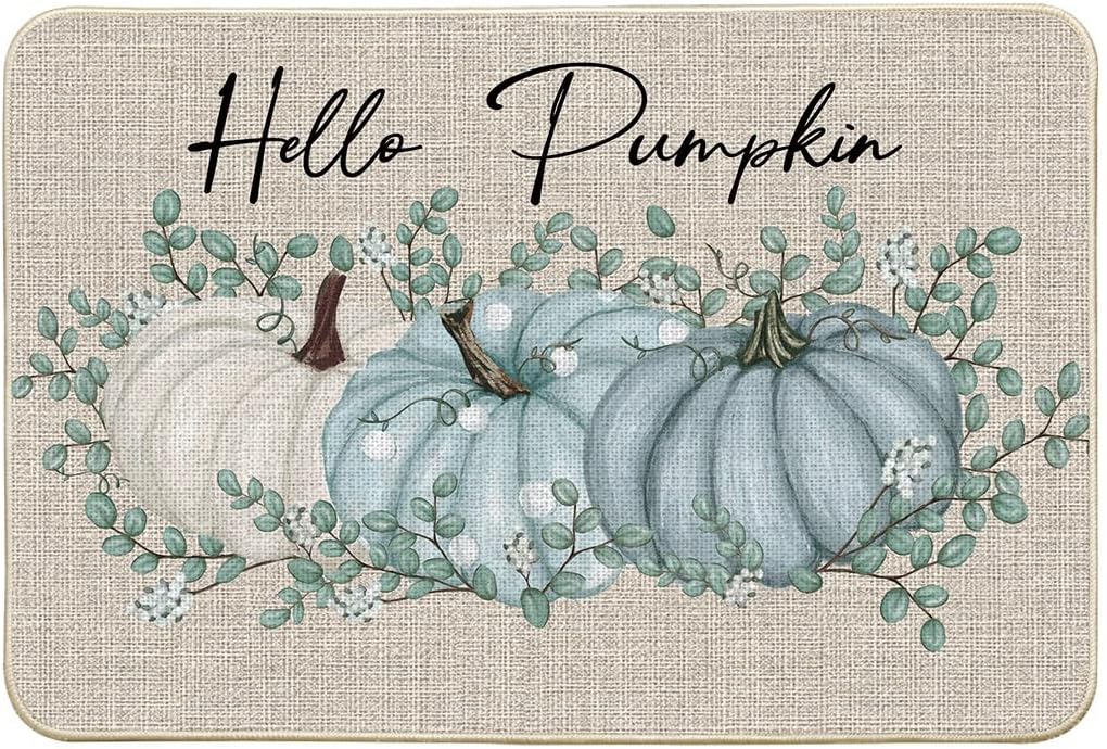 Artoid Mode Hello Pumpkin Eucalyptus Fall Doormat, Autumn Home Decor Low-Profile Switch Rug Door Mat Floor Mat for Indoor Outdoor 24x35 Inch