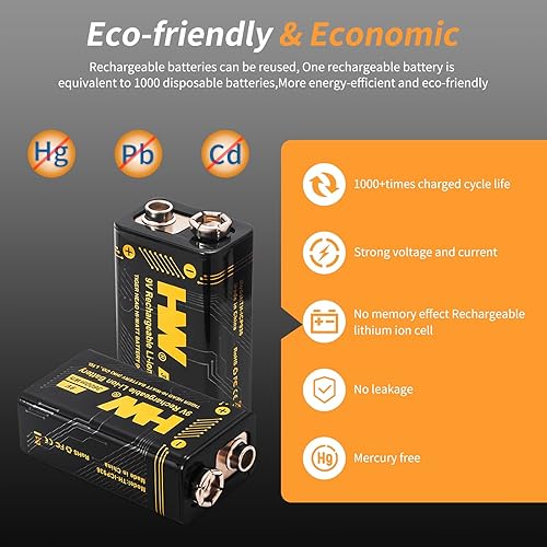 Miniatura 6 de HW Baterías recargables de 9 V, paquete de 4 baterías recargables de iones de litio de alto rendimiento de 9 voltios con cargador, recarga hasta