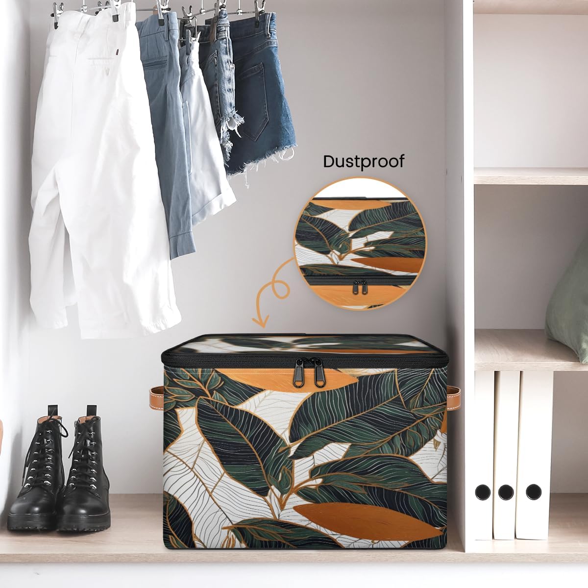 Storage Bin Set of 2 Abstract Art Leaf Storage Basket with Zipper Lid & Handle Foldable Closet Shelf 2 Pack Cloth Organizer Basket Cube Bins Clothes Organizer for Bedroom, Nursery