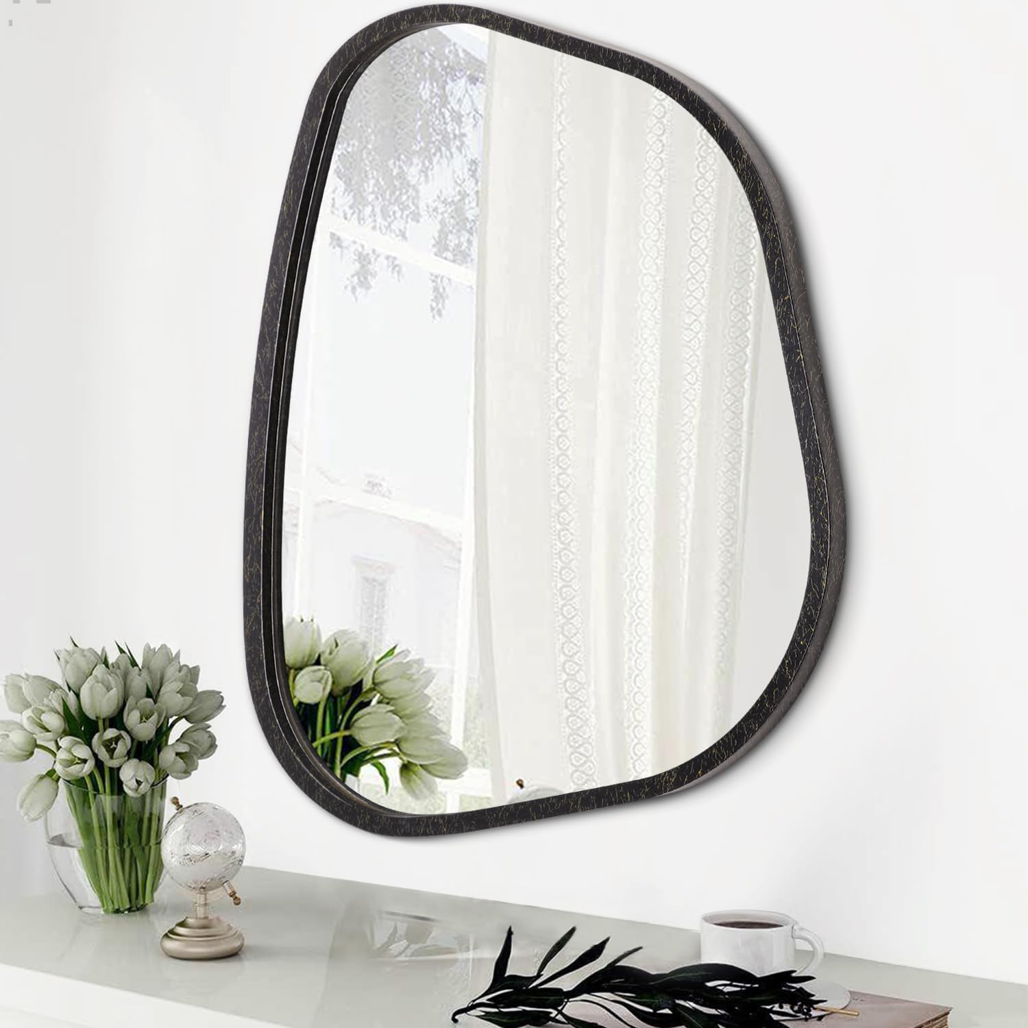 Gold Asymmetrical Mirror Large 20"x16" Irregular Oval Wall Mirror Modern Wood Frame Unique Shape Wall Mounted Vanity Artistic Mirror Decorative for Living Room Bedroom Bathroom Entryway