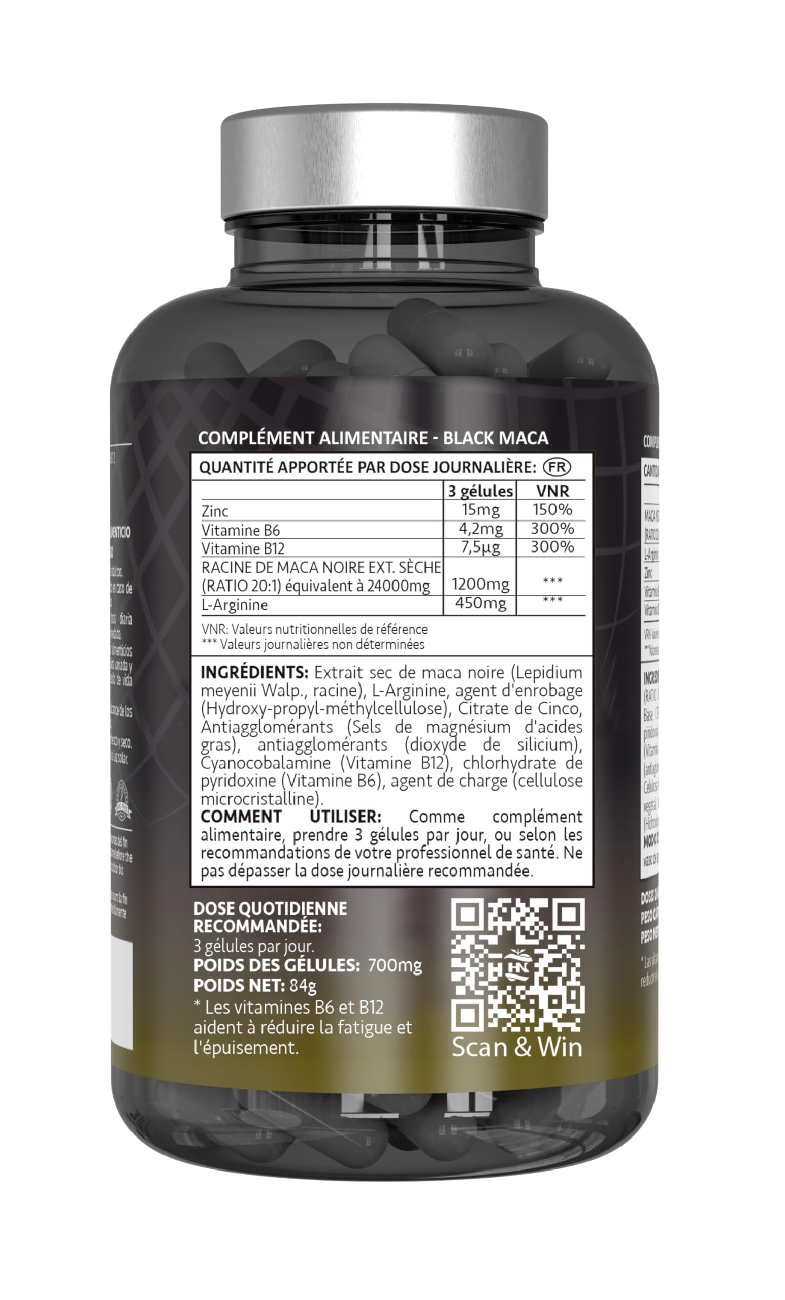 Maca Noire Extra Forte 24000mg - 120 Gelules - Extrait de Maca Noir 20:1 Améliore la Performance homme et femme Macca L-Arginine, Zinc, Vitamine B6 et B12 pour combat la fatigue et le stress Oxydant