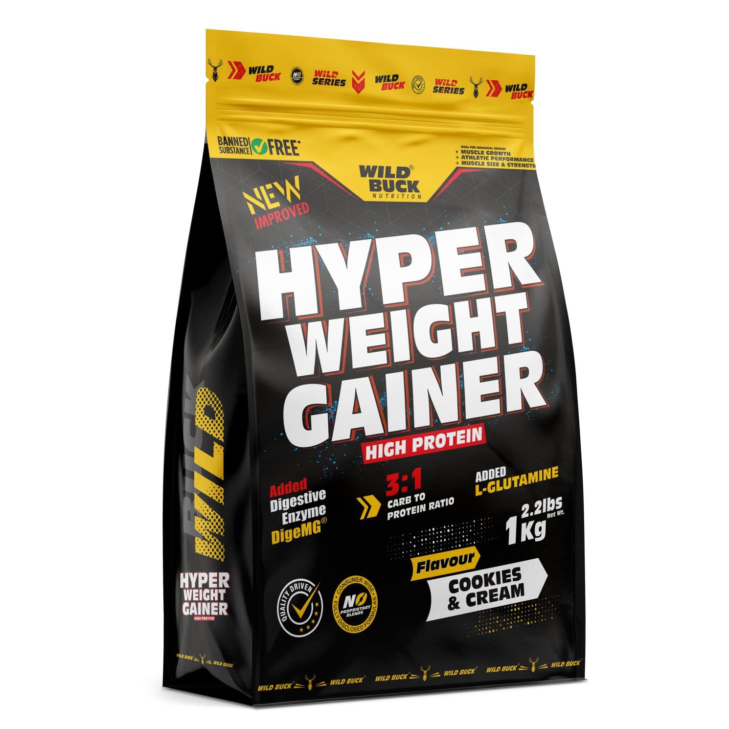 WILD BUCK Hyper Weight Gainer,High Protein Muscle Mass & Weight Gainer With L-Glutamine & Digestive Enzymes|Muscle Builder Weight Gainer Protein Powder [Cookies & Cream,1 Kg],1 count,1000 grams