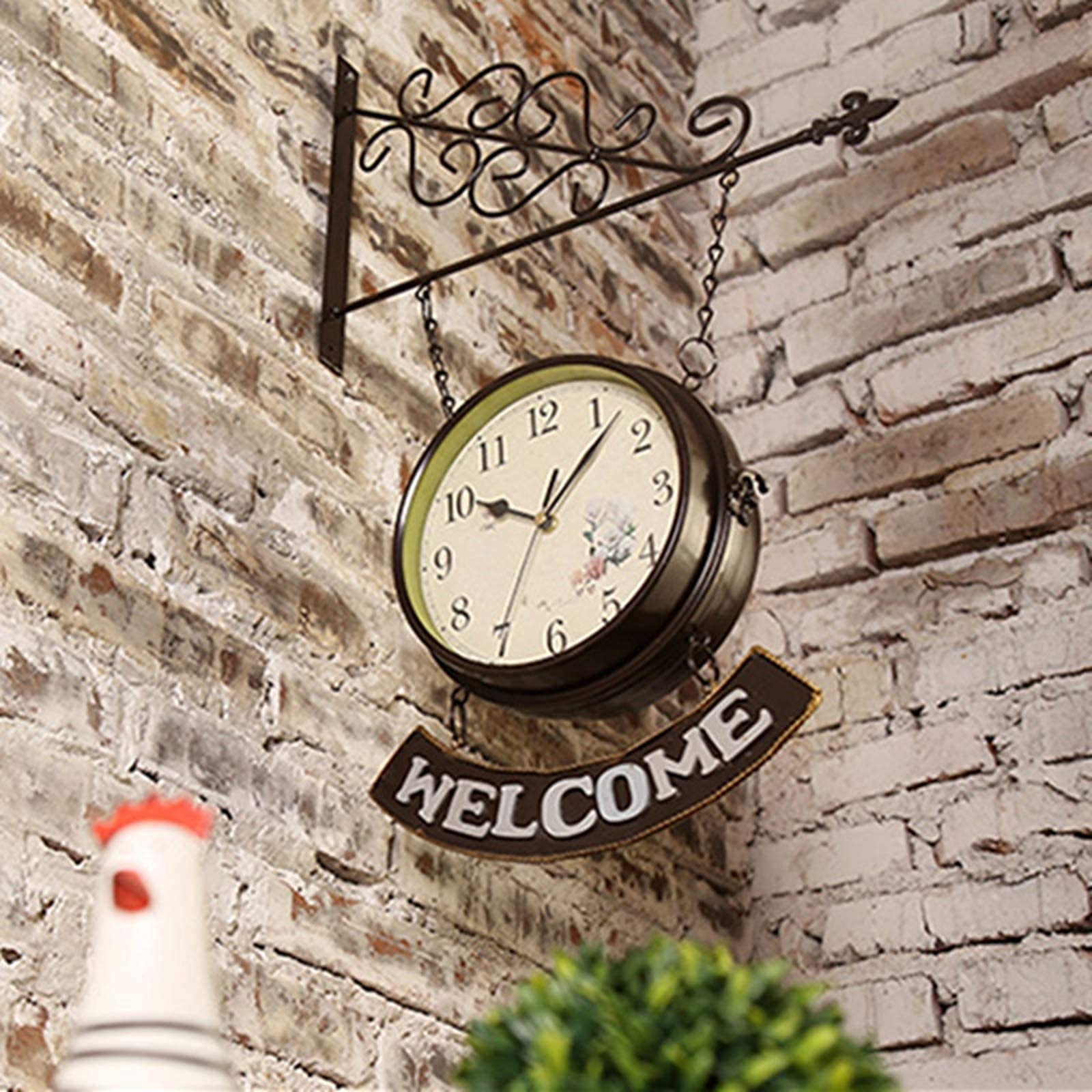 Reloj de pared para jardín al aire libre, reloj de estación grande de números arábigos de doble cara, reloj de jardín de hierro forjado con cartel de bienvenida, reloj para exteriores impermeable