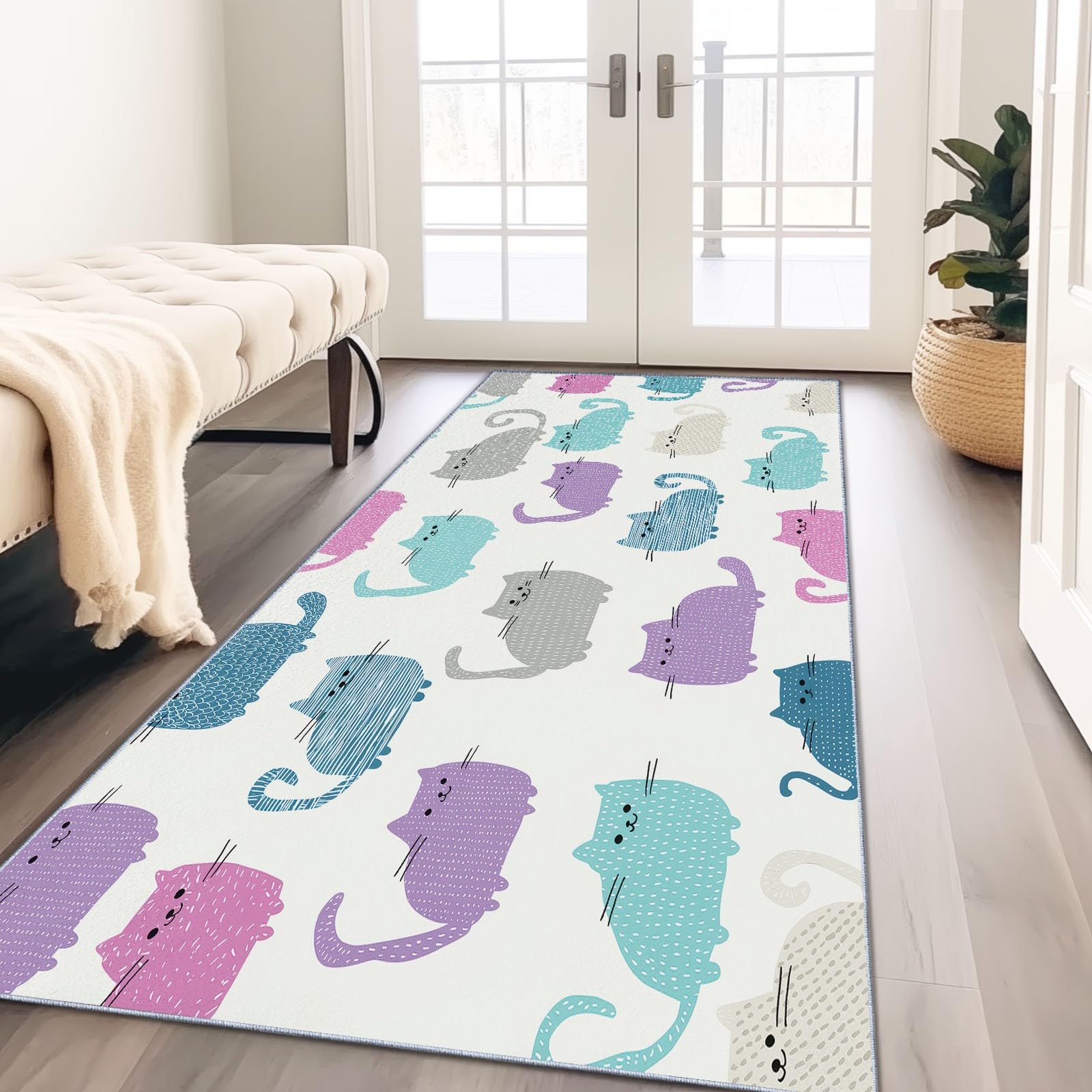Tapis de couloir 60x240 cm lavable et antidérapant motif chat blanc