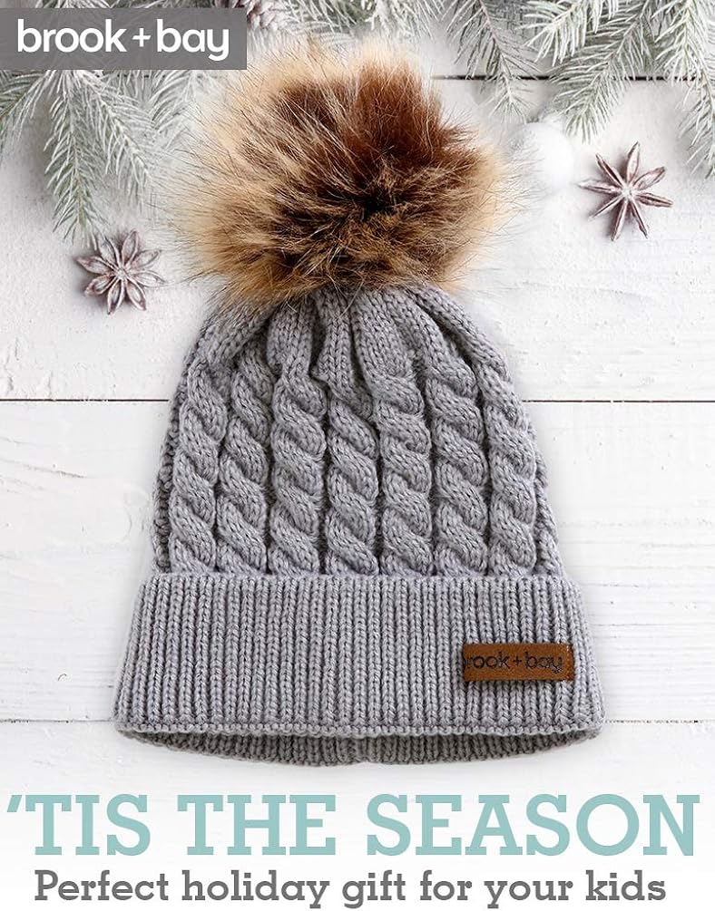 Kids Faux Fur Pom Beanie - Fits Girls, Boys, Toddlers & Children Ages 1 & Up - Thick, Soft & Warm Cable Knit Hats - Cozy Kids Cold Weather Chunky Hat for The Winter Season: Clothing, Shoes & Jewelry