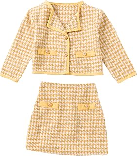 Girl's 2 Piece Houndstooth Outfits Tweed Jacket and Skirt Set Tea Party Suits