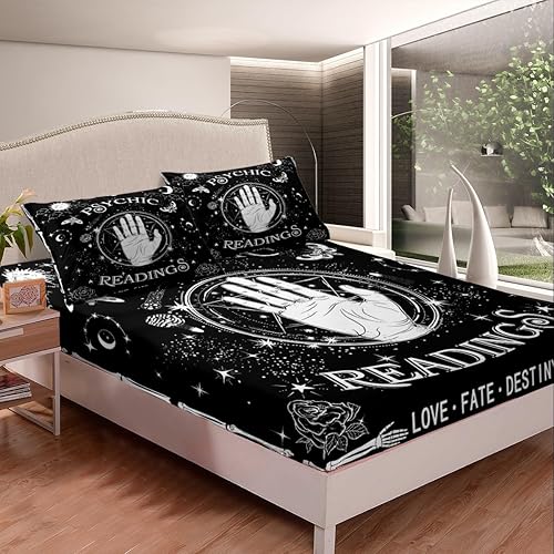 Miniatura 2 de Sábanas psíquicas góticas negras, sábana bajera ajustable de polilla gótica espeluznante, tamaño matrimonial, juego de ropa de cama de cielo