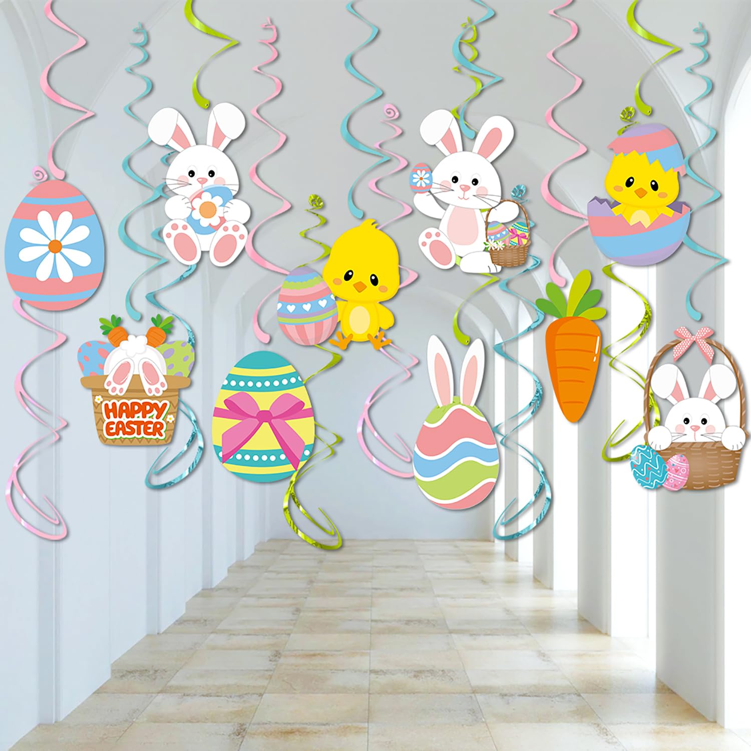 16 Pcs Easter Decorations Hanging Swirls, NO-DIY Easter Party Bunny Eggs Hanging Ceiling Decorations, Easter Spring Party Supplies Whirls Glitter Foil Ceiling Swirls