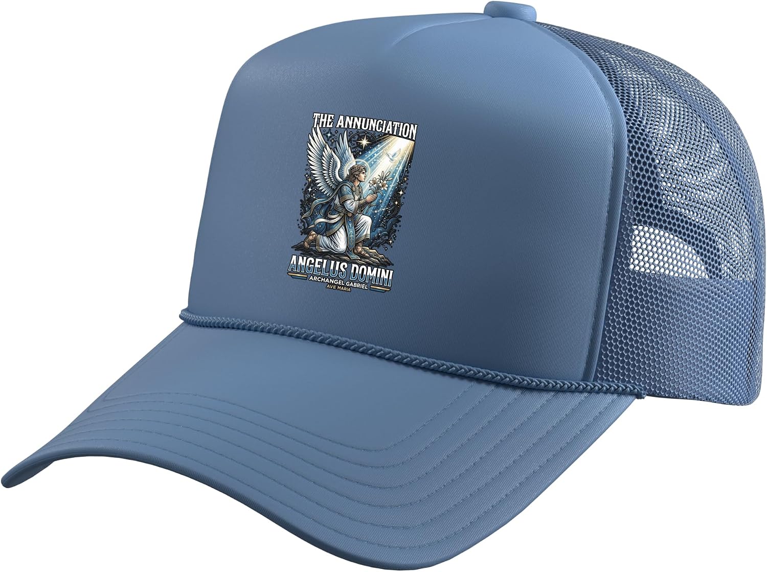 Angel Gabriel Kneeling Lily Beam of Light Annunciation Trucker Hat with Adjustable Mesh Back