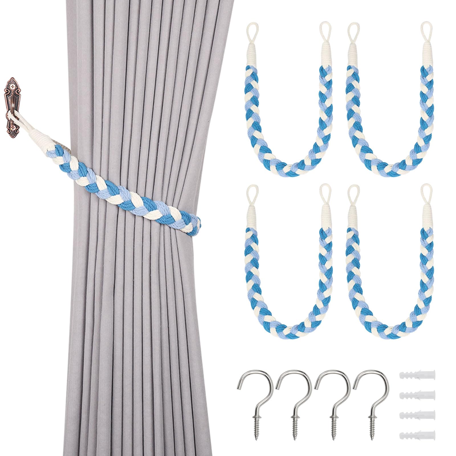 Pretty Jolly 4 Pack Natural Cotton Rope Curtain Tiebacks Elegant Boho Style Decorative Drape Tie Backs Soft Hand-Woven Rope Curtain Holdbacks with Metal Hook for Home & Office Drapery (Blue & Beige)