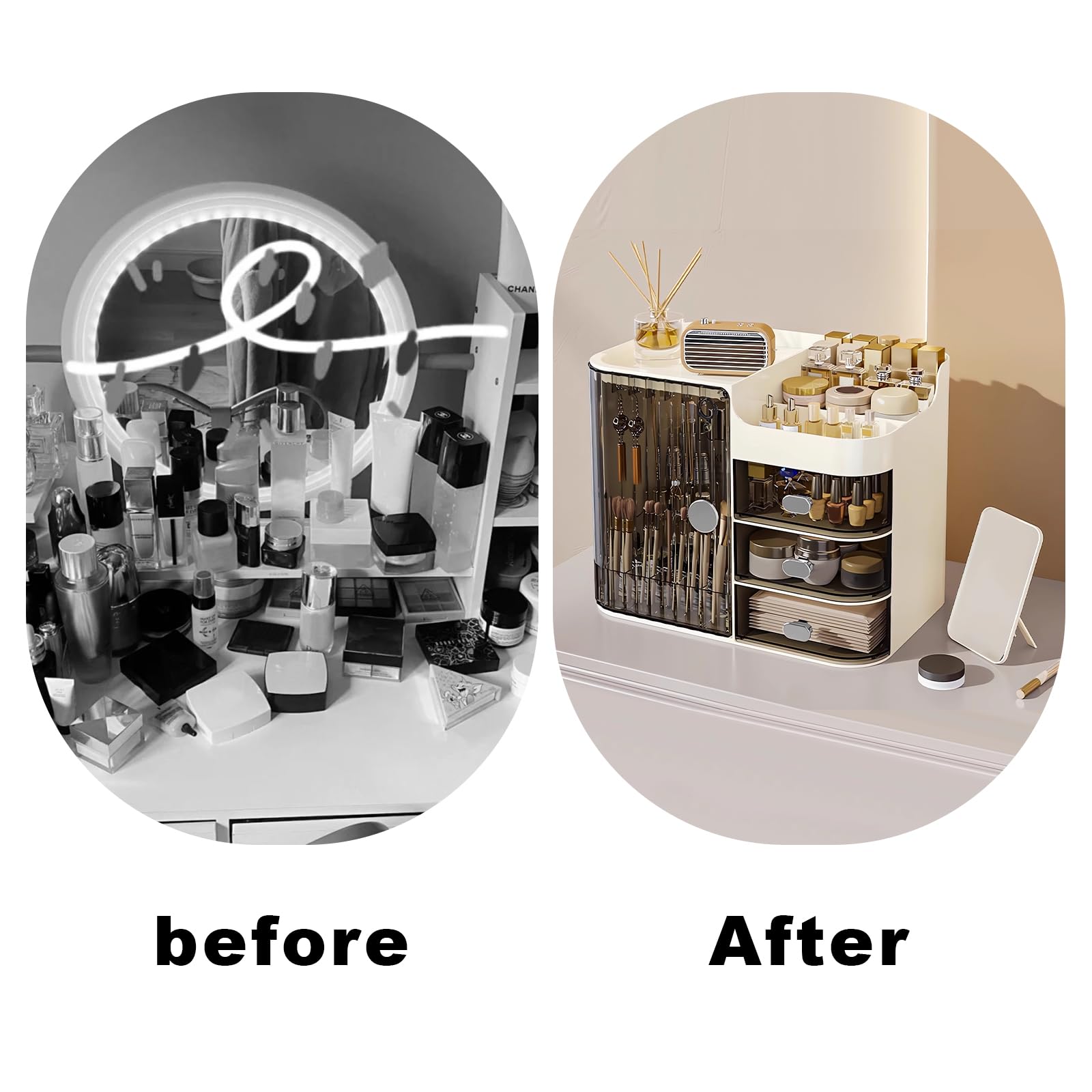DASITON Make up Kosmetik Organizer mit 3 Schubladen,Großer Kosmetik Aufbewahrung Pinsel Organizer mit Spiegel,Makeup Organizer Schmink Aufbewahrung für Schminktisch,Badezimmer(Schwarz-Creme)