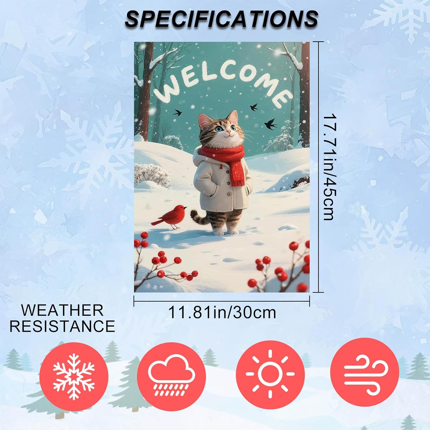 IVN Winter Welcome Garden Flag 12x18 Inch Tabby Cat in Beige Coat Red Scarf with Snowfall Pine Trees and Red Berries Flag Double Sided Outdoor Yard Banner for Porch Lawn Patio Decor Christmas - Image 4